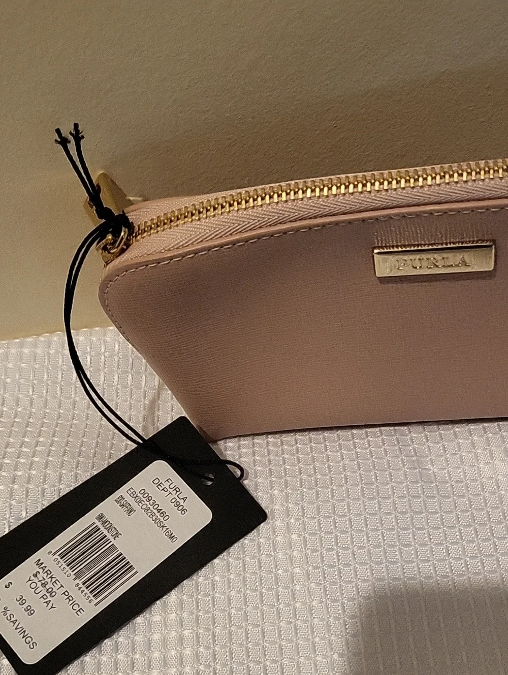 Furla Pale Pink Saffiano Cosmetic Case with Gold Hardware New With Tags